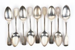 A collection of nine assorted silver tablespoons, including pieces hallmarked London and Exeter,