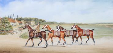 Henry William Standing, Three brace horses being led to their stables, watercolour,