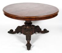 A Victorian rosewood tilt top breakfast table, mid-19th century, with circular top,