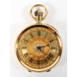 An 18ct gold cased fob watch, London assay mark, the gilt dial decorated with foliate motifs,