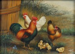 After Hunt, Chickens and Chicks in a farm yard, oil on board, signature lower right,