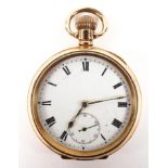 An open face pocket watch. Circular white dial with roman numerals and second dial.