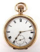 An open face pocket watch. Circular white dial with roman numerals and second dial.