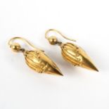 A pair of 19th century drop earrings, of tear drop form with applied jewelled decoration,