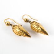 A pair of 19th century drop earrings, of tear drop form with applied jewelled decoration,