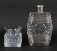 A Dartington glass vase, of square form with moulded decoration, 9cm high; and a glass flask,