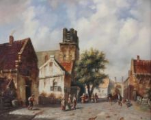 20th century continental school, A rural street scene with a church, oil on board,
