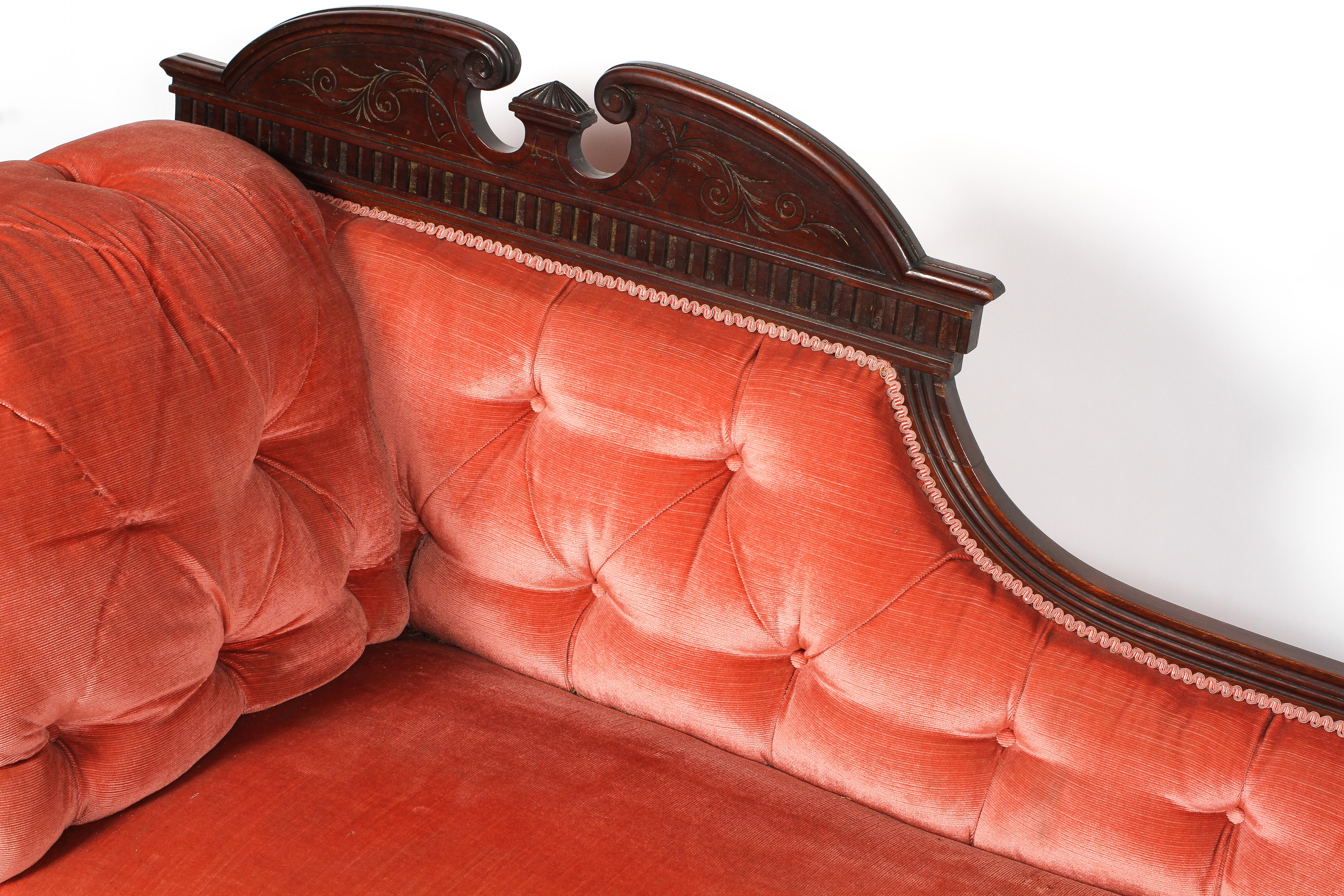 A Victorian walnut framed chaise longue, with pink upholstery, - Image 2 of 2