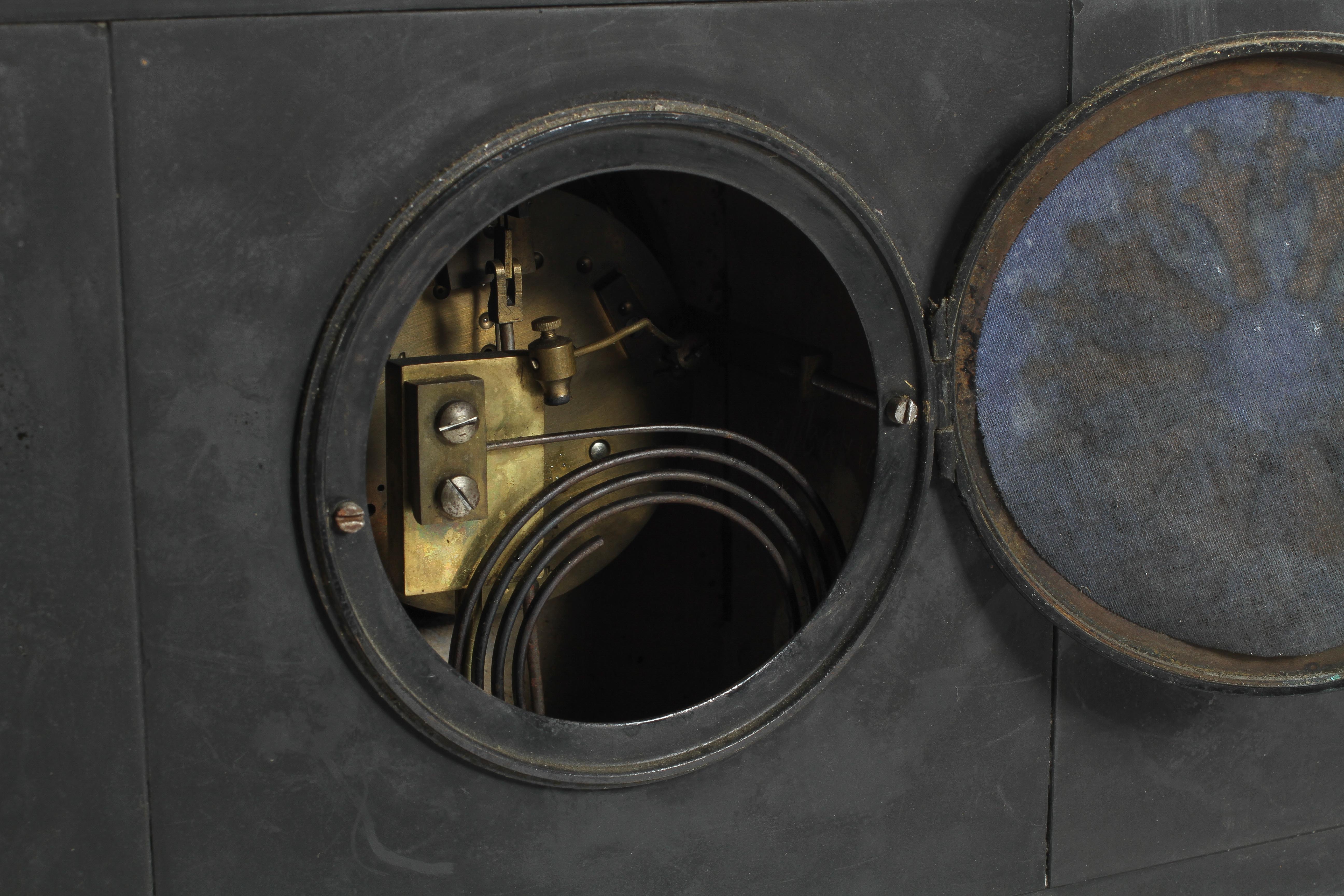 A Victorian slate mantel clock, of architectural form, with metal pine cone finial atop a dome, - Image 2 of 2