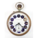 A large pocket watch having a circular white dial with roman numerals encased within blue enamel.