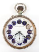 A large pocket watch having a circular white dial with roman numerals encased within blue enamel.