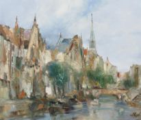 de Vogel, Continental Canal scene with a church in the background, oil on canvas,