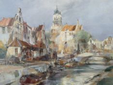 de Vogel, Continental Canal Scene with a church in the background, oil on canvas,