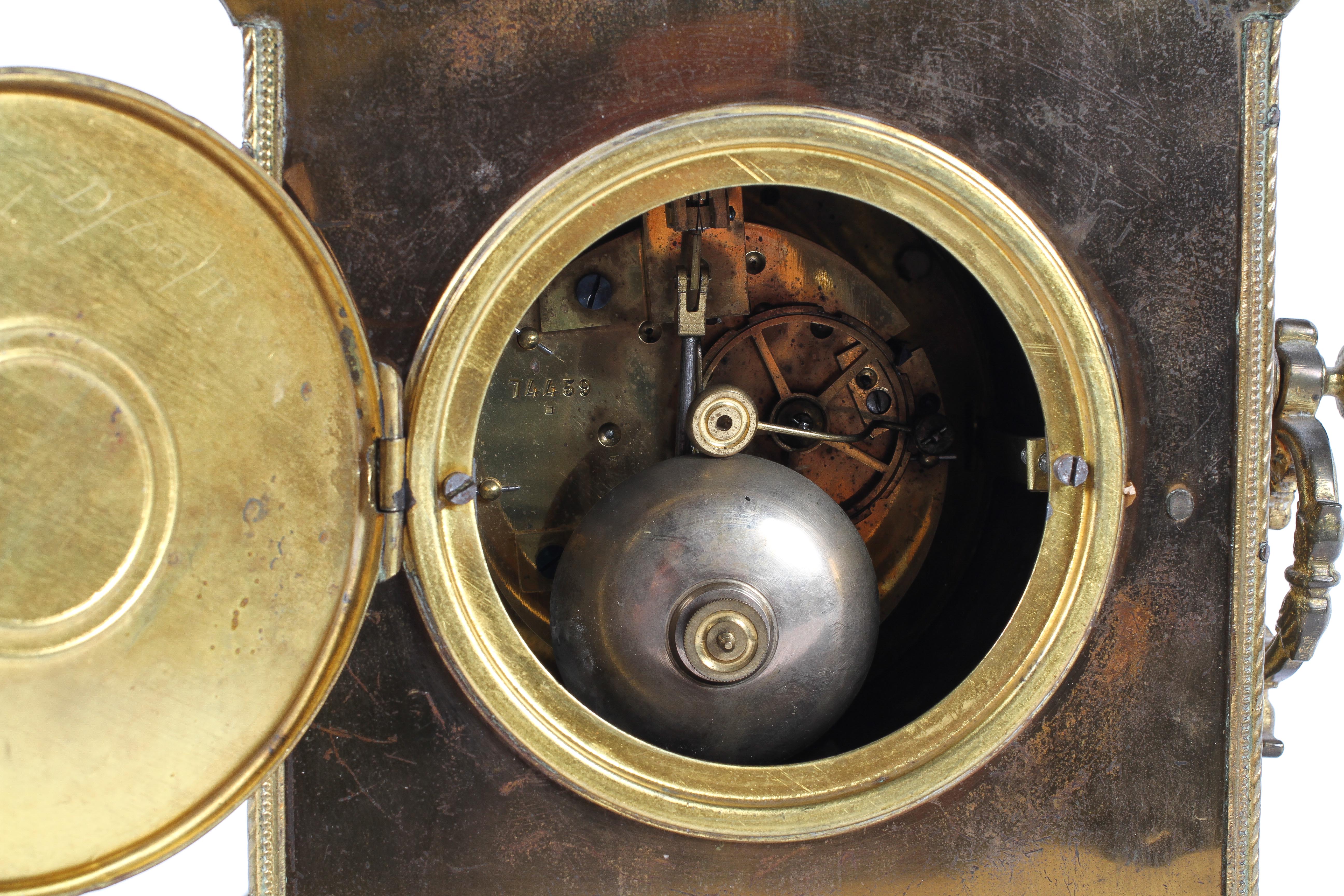 A French gilt brass mantel clock, the 4" ivorine dial with pierced gilt centre, - Image 2 of 2