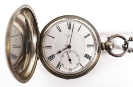 A full hunter pocket watch. Circular white dial signed P_B_B 16775. Key wound movement.