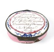 A Bilston enamel patch box, late 18th century, of oval form,