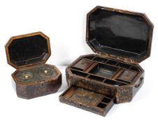 A 19th century lacquered papier mache sewing box and a similar tea caddy, each of octagonal form,