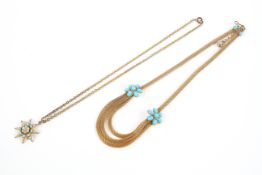 A gilt metal, turquoise and pearl star shaped pendant