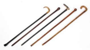 A collection of five walking sticks including three with horn handles,