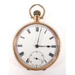 An open face pocket watch. Circular white dial with roman numerals and second dial.