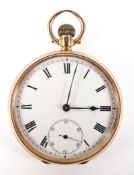 An open face pocket watch. Circular white dial with roman numerals and second dial.