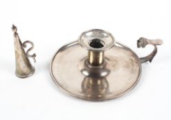 An early 19th century George IV silver chamber stick, original snuffer fitting to the handle,