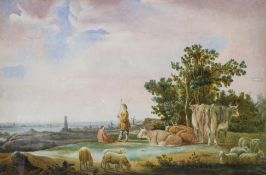 Dutch 17th century style, A shepherd and companion before cattle, watercolour, signed Berghem, 1790,