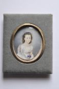 19th century miniature, Portrait of a young girl in a white dress holding a coloured ball, oval,