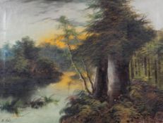 J Cole, Wooded river scene, signed lower right, oil on canvas, repaired,