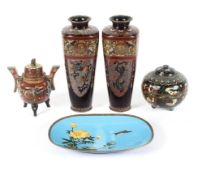 A pair of cloisonne vases, 20th century, of tapering square section decorated with phoenix,