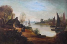 19th century Continental School, Dutch canal scene with windmills and barges, oil on canvas,