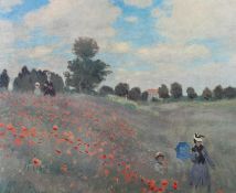 After Claude Monet, Mother and Daughter in a poppy field, colour print in an elaborate gilt frame,