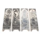 A set of four Chinese white metal plaques, each cast with figures in a landscape,
