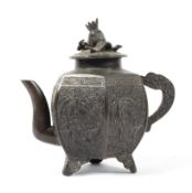 A Chinese bronze teapot and cover, of hexagonal form, each panel cast with bird decoration,