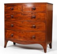 A 19th century mahogany, bow fronted chest of two short and three, graduated long drawers,