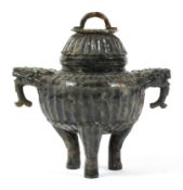 A Chinese spinach 'jade' censer and cover, or archaistic tripod form,