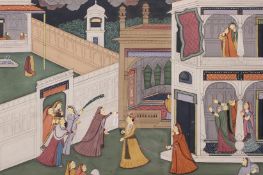 Indian Miniature, Noble man and courtiers in a courtyard, gouache,