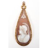 A Victorian tear drop shaped cameo and gold plated pendant,