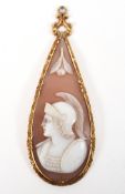 A Victorian tear drop shaped cameo and gold plated pendant,