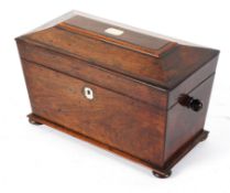 A 19th century rosewood tea caddy, of sarcophagus form, with twin canister interior,