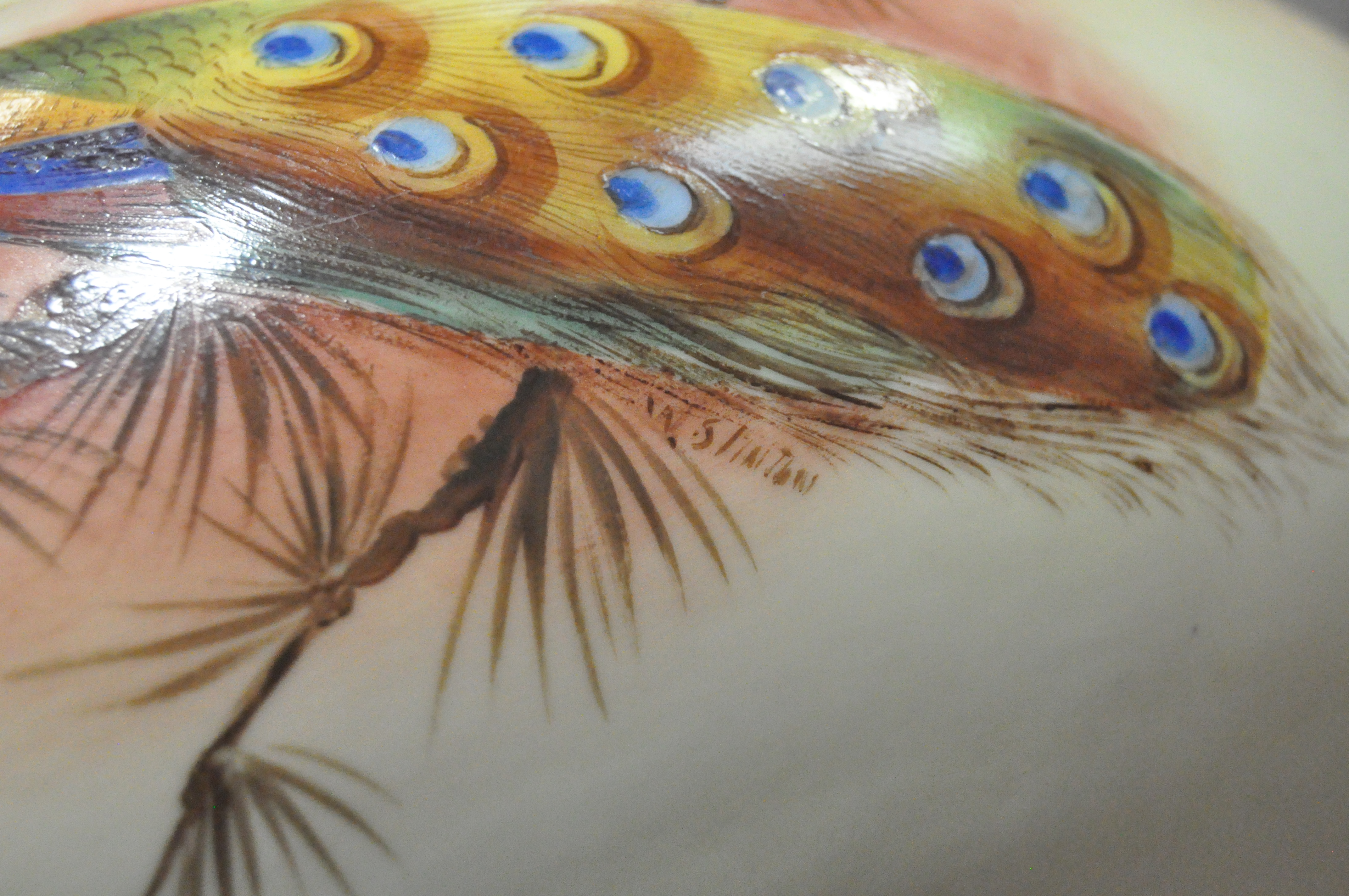 A Locke and Co, Worcester fruit bowl, signed, W Stinton, painted with a peacock, printed marks, - Image 4 of 4