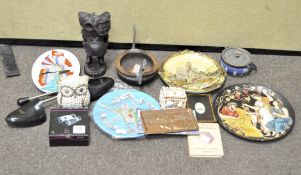 Assorted collectables including ceramic plates, a Wedgwood Jasperware pot and cover, shell boxes,