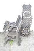 Five pairs of cast iron bench ends including one bench back and four chair backs,
