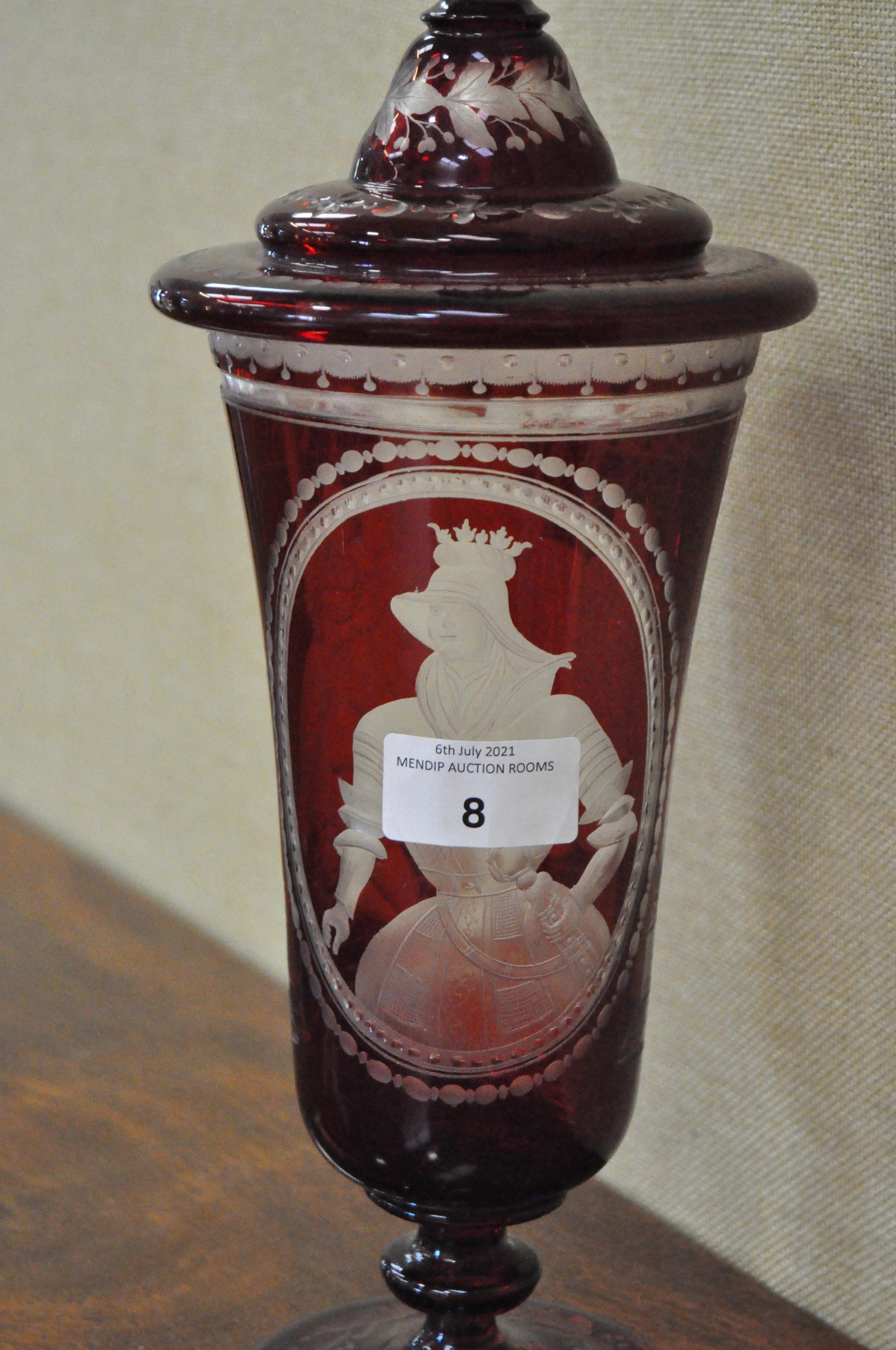 A late 19th century Bohemian ruby glass lidded vase, - Image 3 of 5