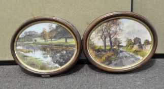 A pair of landscape oval oil on boards, by Dykes, framed,