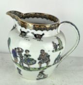 A 19th century pearlware water jug, decorated with scenes of cock fighting and Jesters,