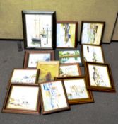 A quantity of oil on board paintings by E Aldridge, of maritime, coastal and urban scenes,