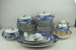 A blue and white Losol Ware dinner service including three lidded terrines and three ladles,