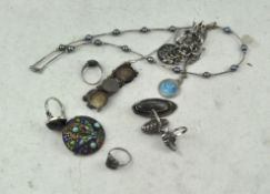 A selection of white metal and silver jewellery, including a three pence bracelet,