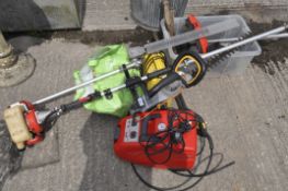 A selection of assorted tools including a Mito X hedge trimmer,